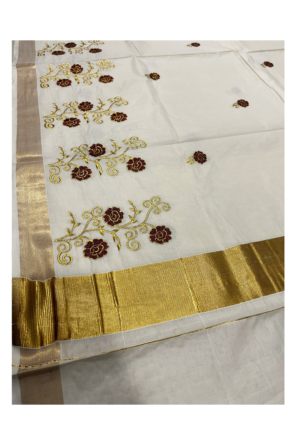 Southloom Kerala Kasavu Saree with Dark Brown and Gold Floral Embroidery