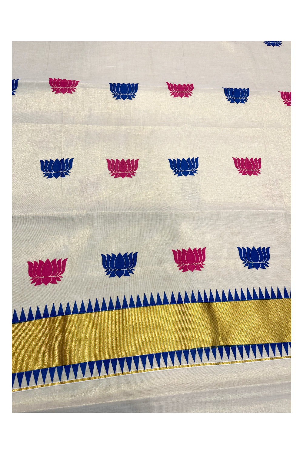 Kerala Tissue Kasavu Saree with Blue and Pink Lotus Block Prints