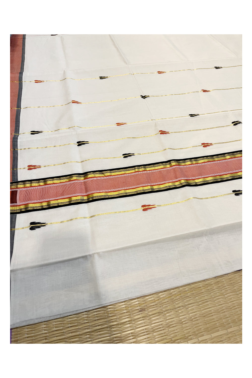 Southloom Premium Balaramapuram Unakkupaavu Handloom Cotton Butta Saree with Kasavu Lines and Black Orange Border