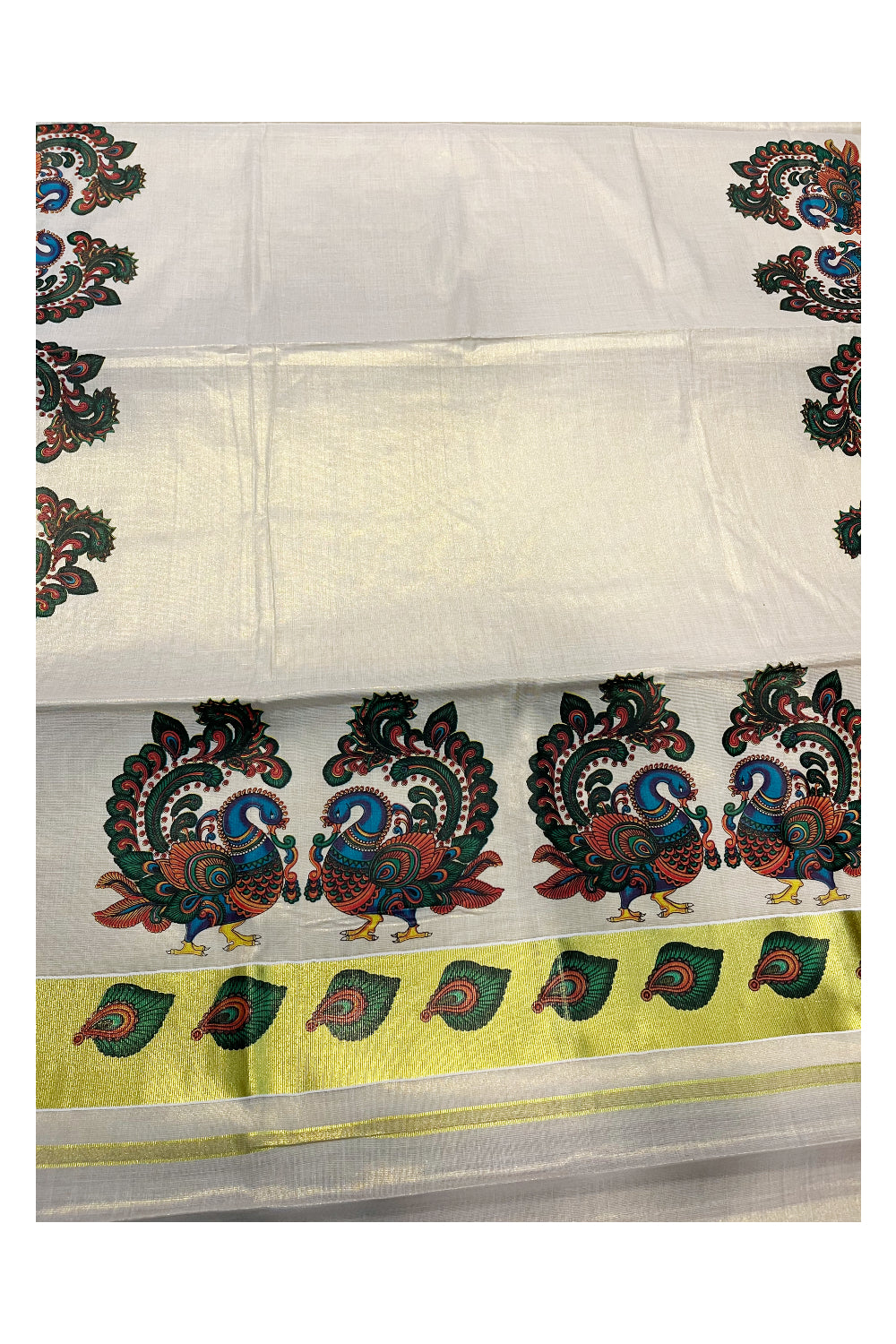 Southloom Kerala Tissue Kasavu Saree With Peacock Mural Printed