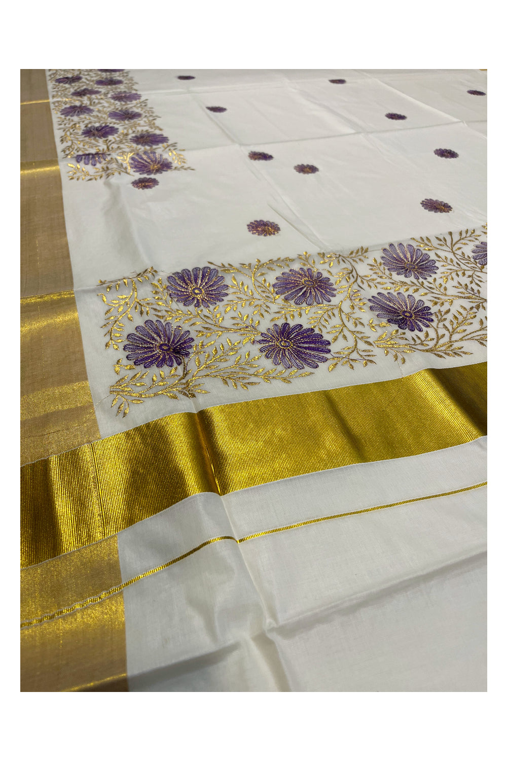 Kerala Cotton Kasavu Saree with Golden and Violet Floral Embroidery Work