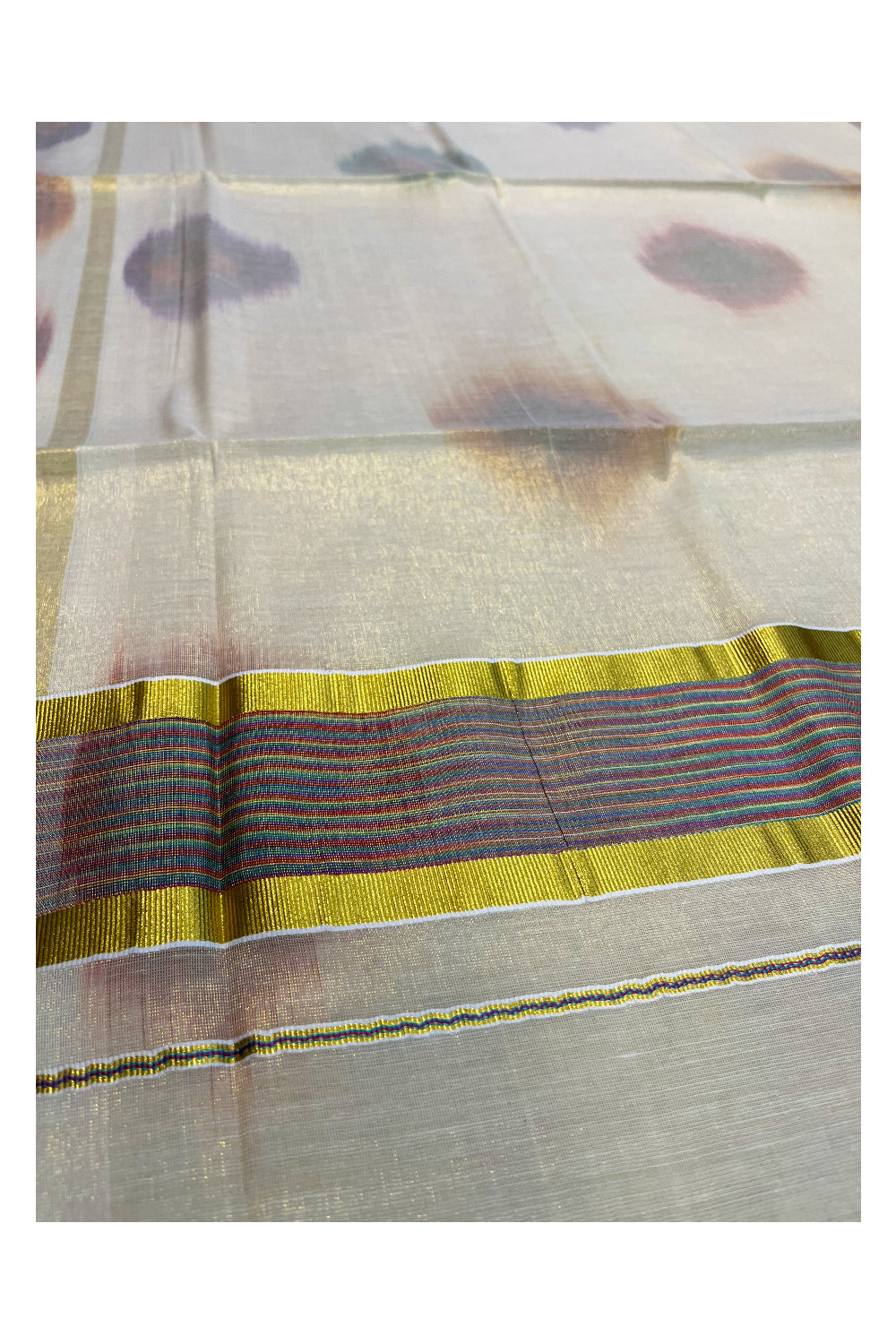 Southloom Kerala Tissue Kasavu Saree with Multi Colour Pochampally Design on Borders and Kara