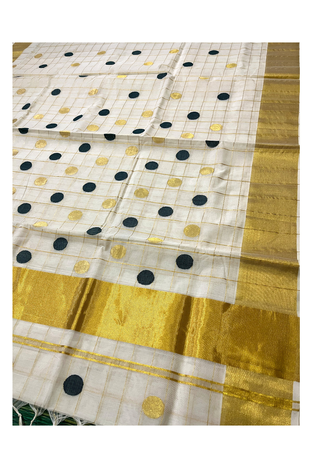Southloom Premium Handloom Cotton Check Design Saree with Golden and Green Polka Work Across Body