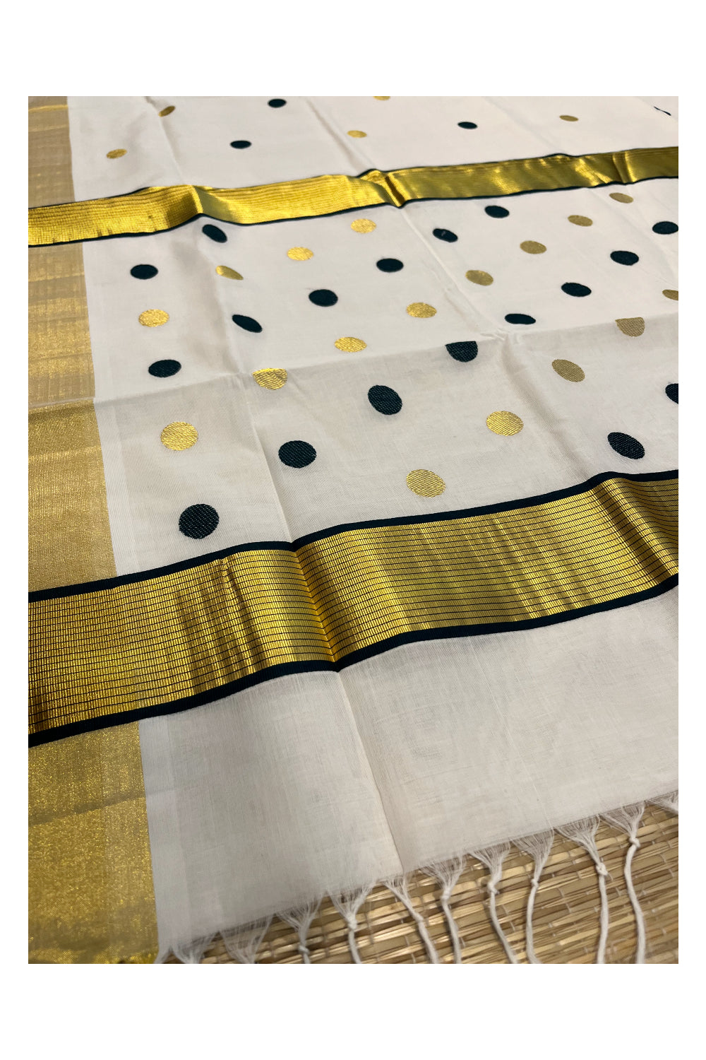 Southloom Premium Handloom Kasavu Saree with Green and Golden Polka Woven Designs Across Body