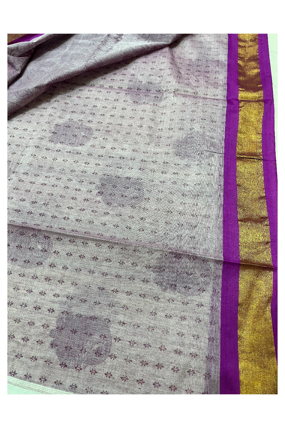 Pure Cotton Kerala Saree with Magenta Block Prints and Kasavu Border (Vishu 2024 Collection)