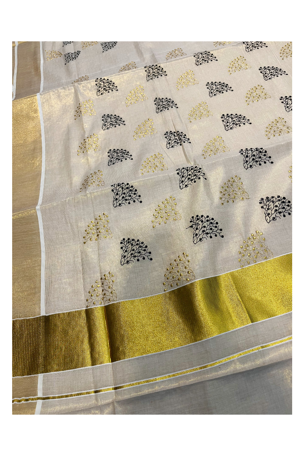 Southloom Kerala Tissue Kasavu Saree with Black and Gold Floral Embroidery Design on Body