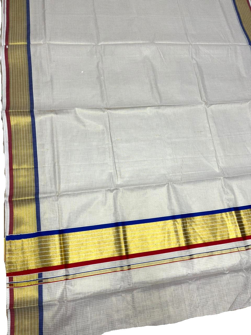 Southloom Kerala Cotton Kasavu Saree with Micro Check Design on Body in Blue & Red  Border SL451