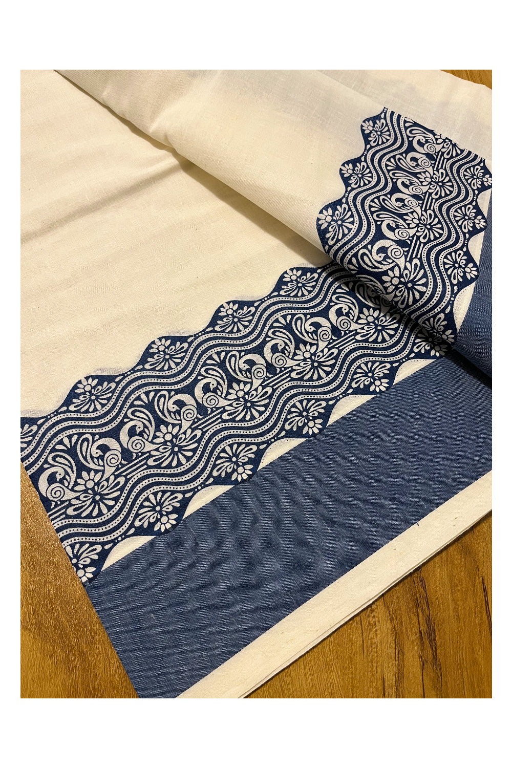 Kerala Cotton Single Set Mundu (Mundum Neriyathum) with Blue Block print Border 2.80Mtrs