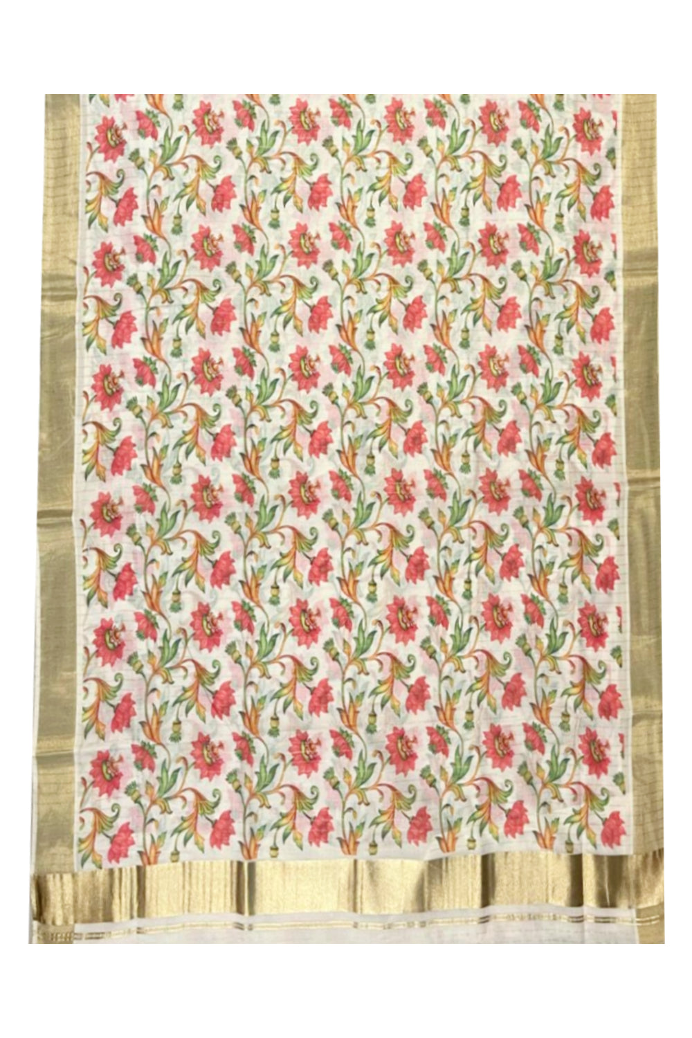 Kerala Cotton Kasavu Lines Saree with Pink Floral Kalamkari Design