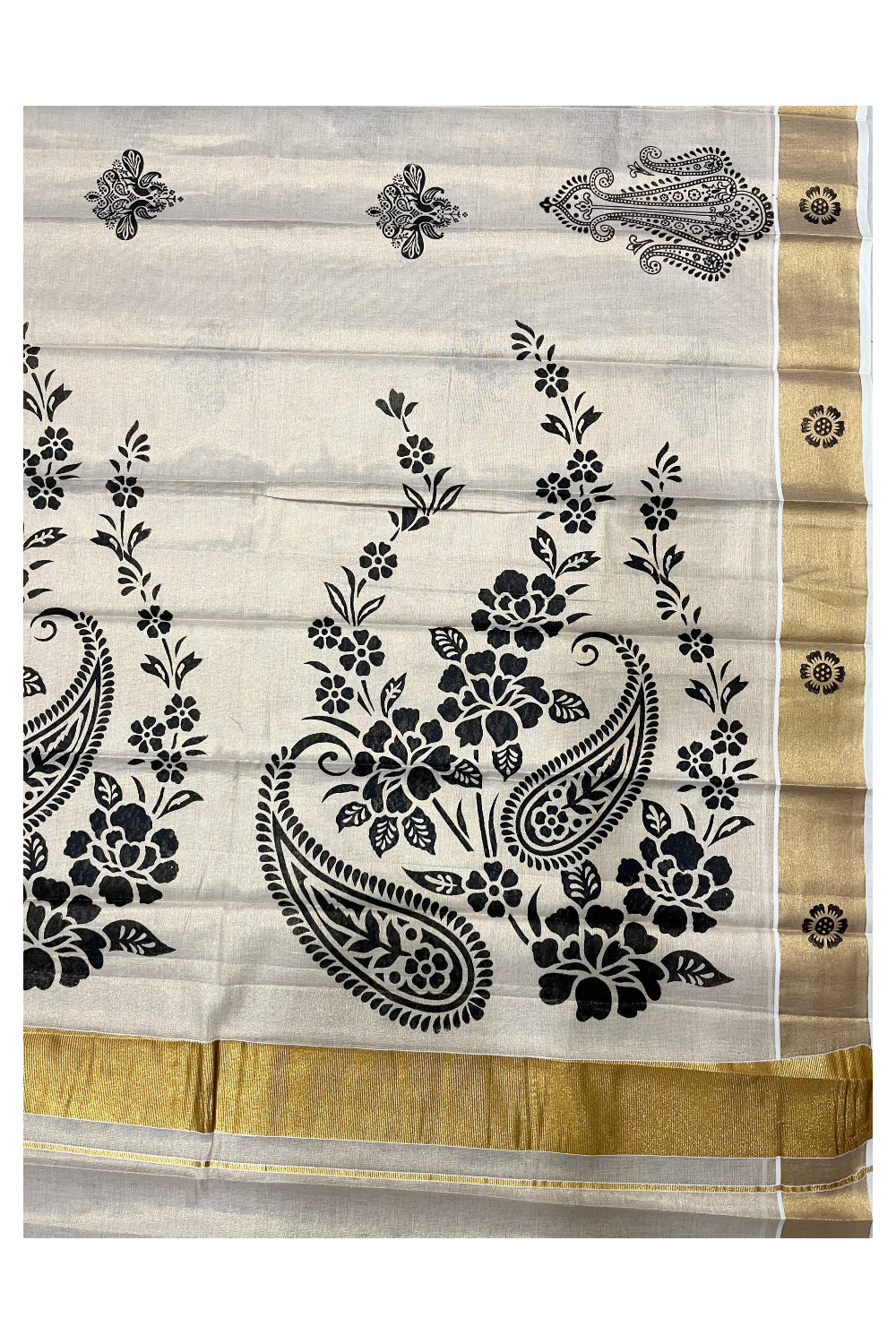 Kerala Tissue Kasavu Saree With Mural Printed Design (Vishu 2024 Collection)