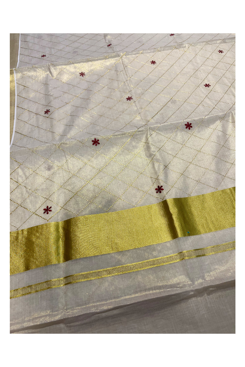 Kerala Tissue Kasavu Check Saree with Maroon Flower Embroidery Works