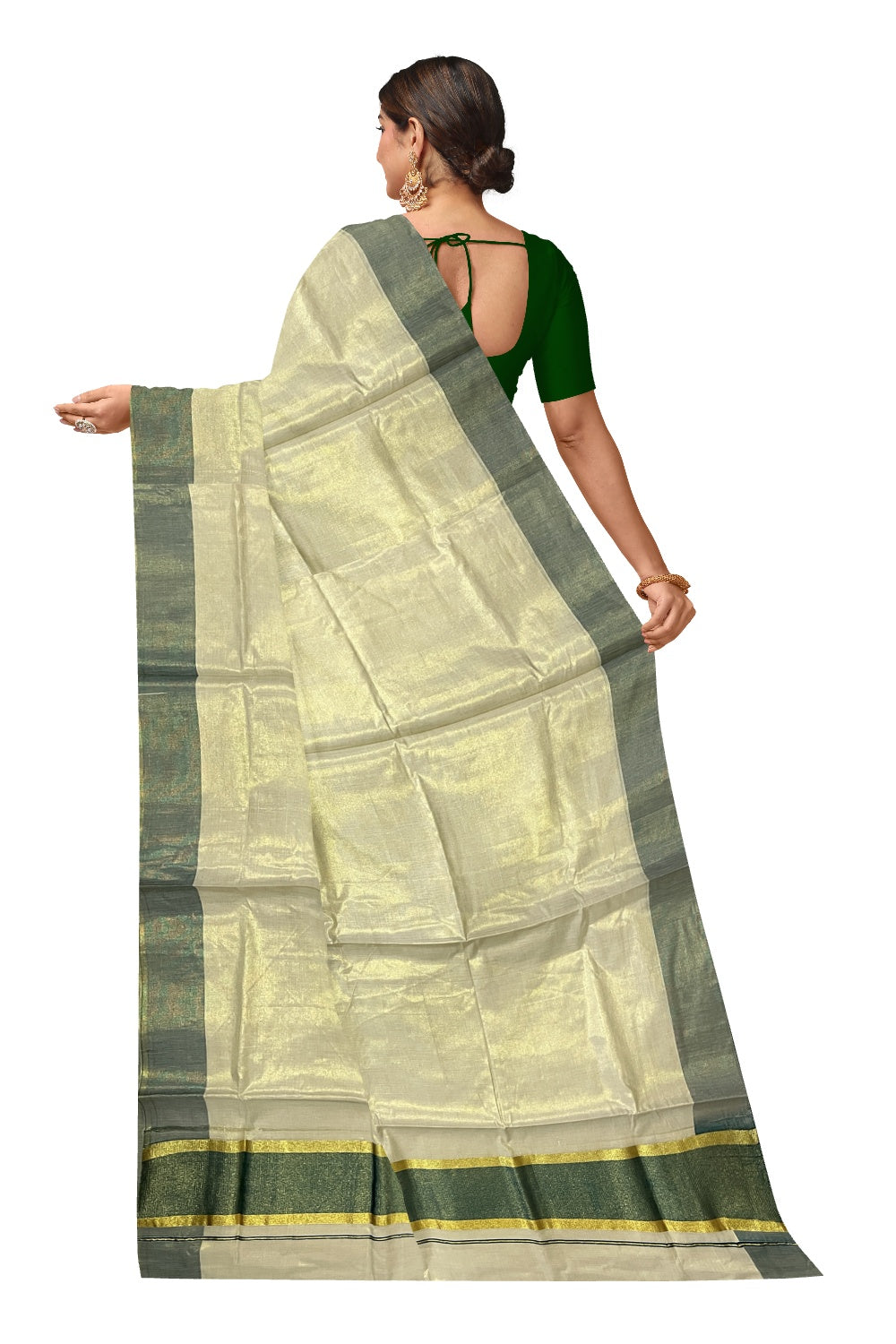 Kerala Tissue Kasavu Plain Saree with Green and Kasavu Border