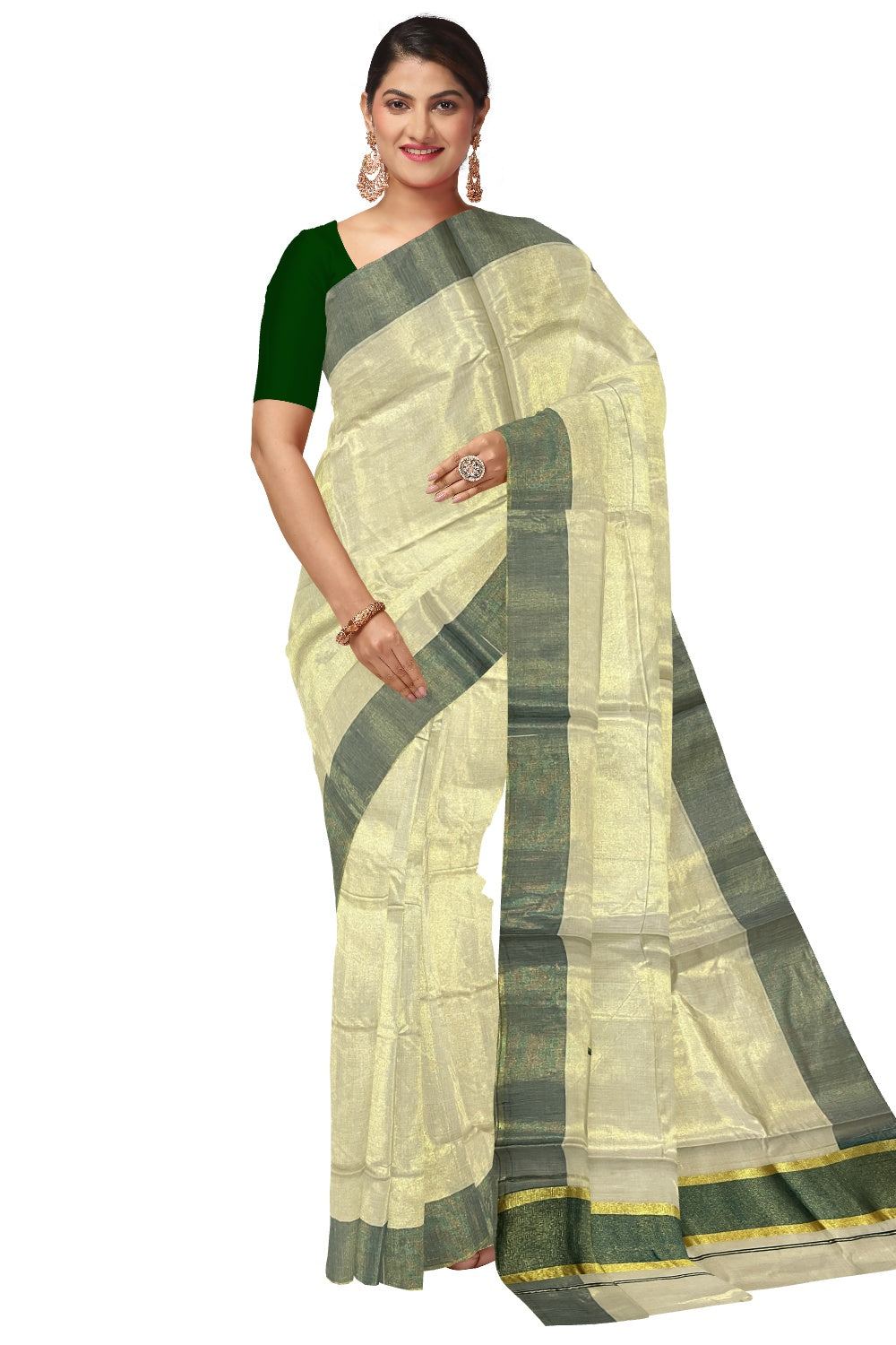 Kerala Tissue Kasavu Plain Saree with Green and Kasavu Border