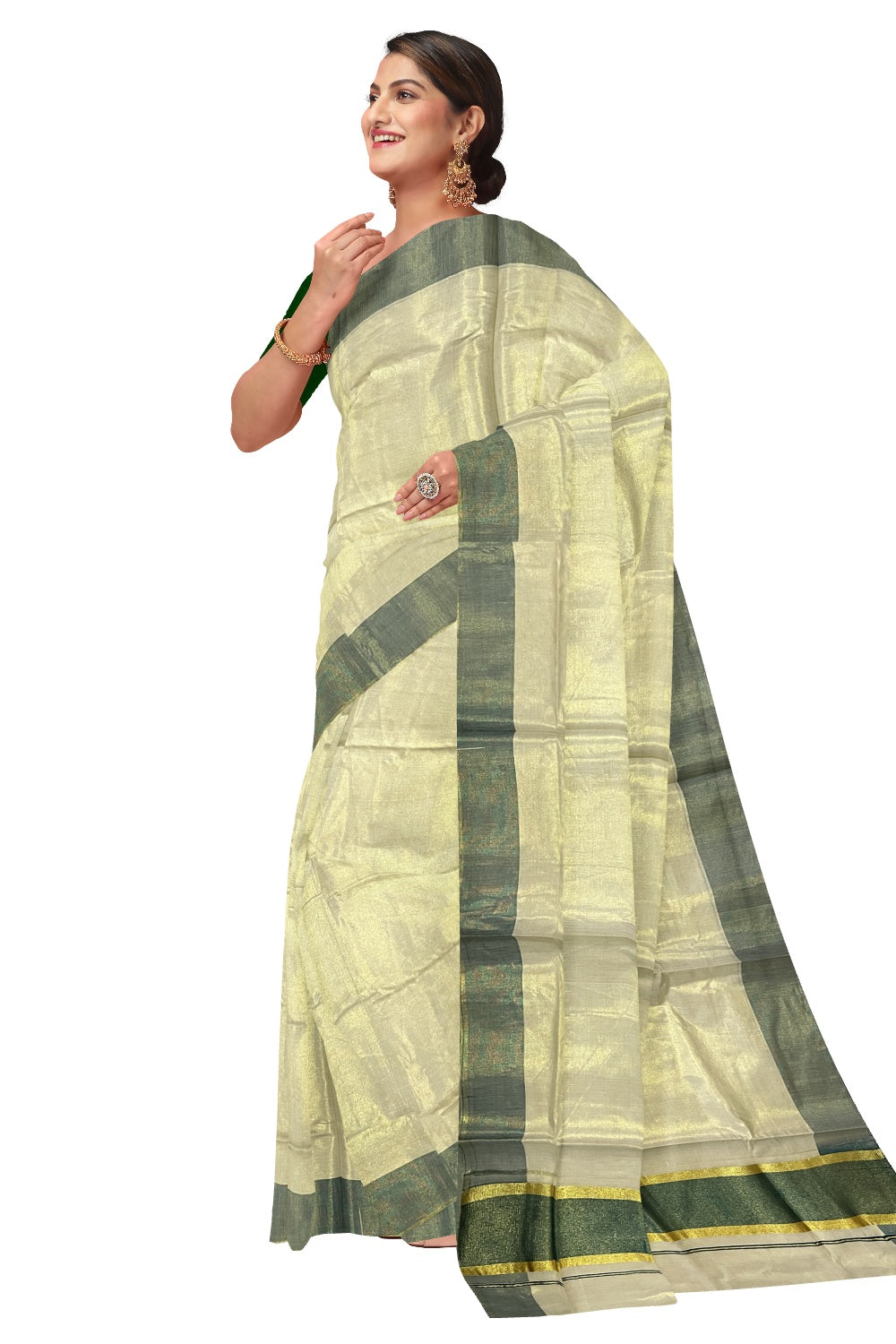 Kerala Tissue Kasavu Plain Saree with Green and Kasavu Border