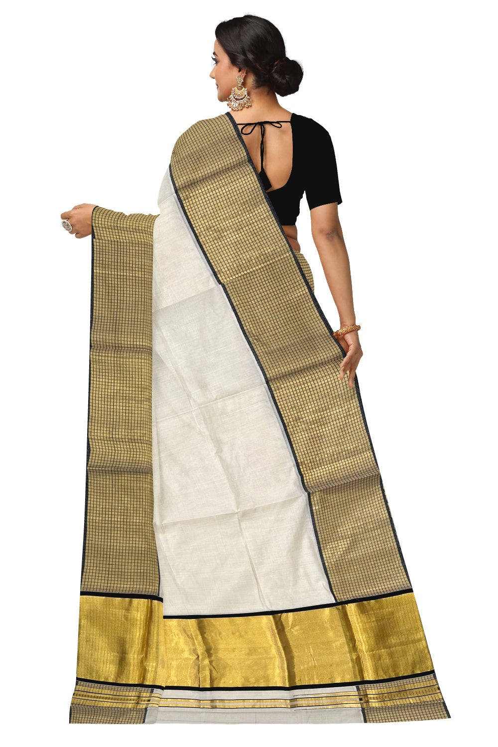 Southloom Handloom Premium Cotton Saree with Black and Kasavu Check Design Border