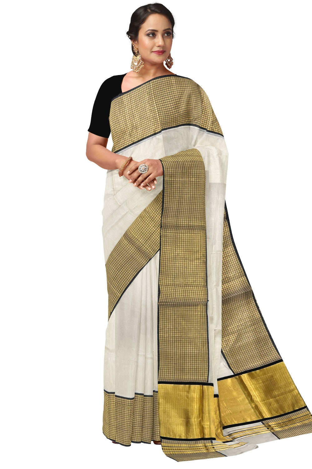 Southloom Handloom Premium Cotton Saree with Black and Kasavu Check Design Border