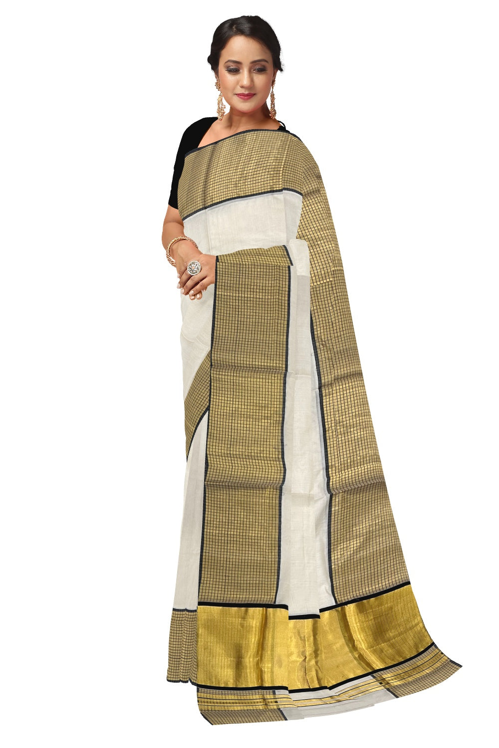 Southloom Handloom Premium Cotton Saree with Black and Kasavu Check Design Border