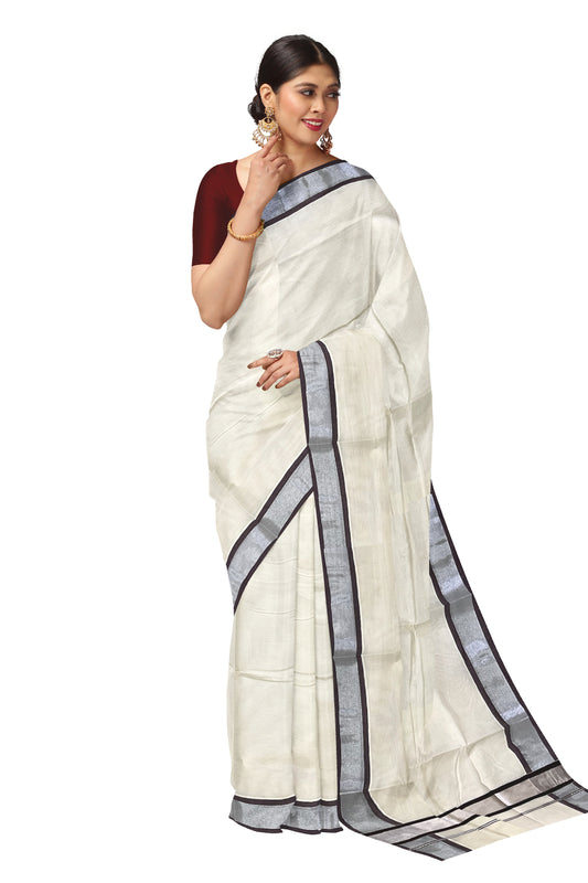Pure Cotton Kerala Saree with Silver Kasavu and Brown Border