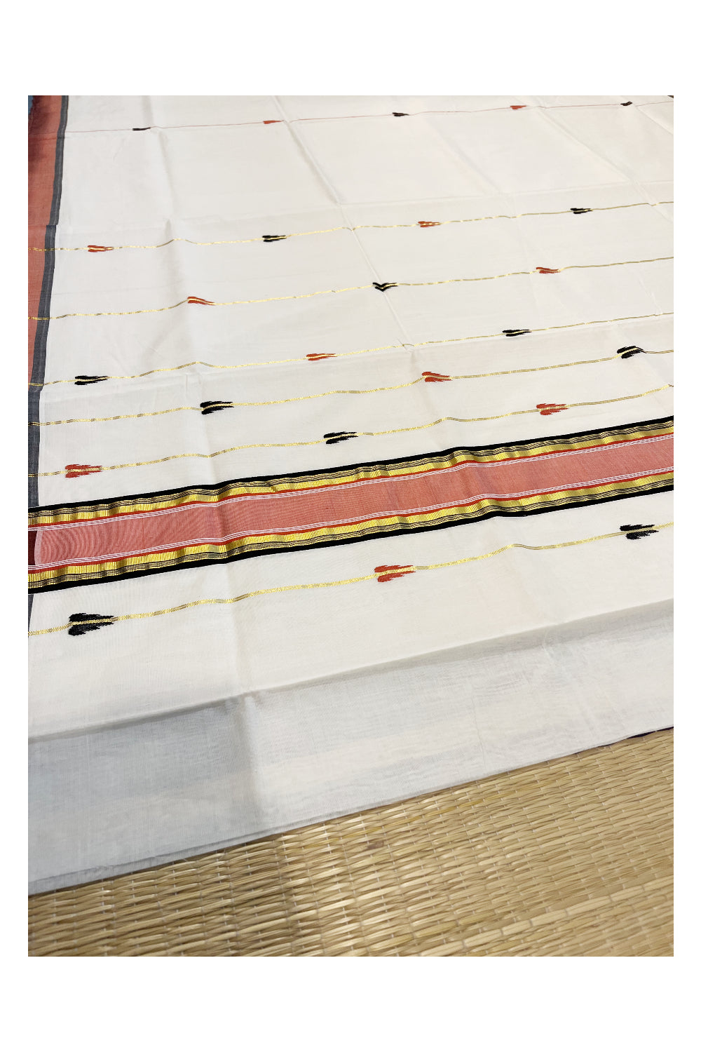 Southloom Premium Balaramapuram Unakkupaavu Handloom Cotton Butta Saree with Kasavu Lines and Black Orange Border