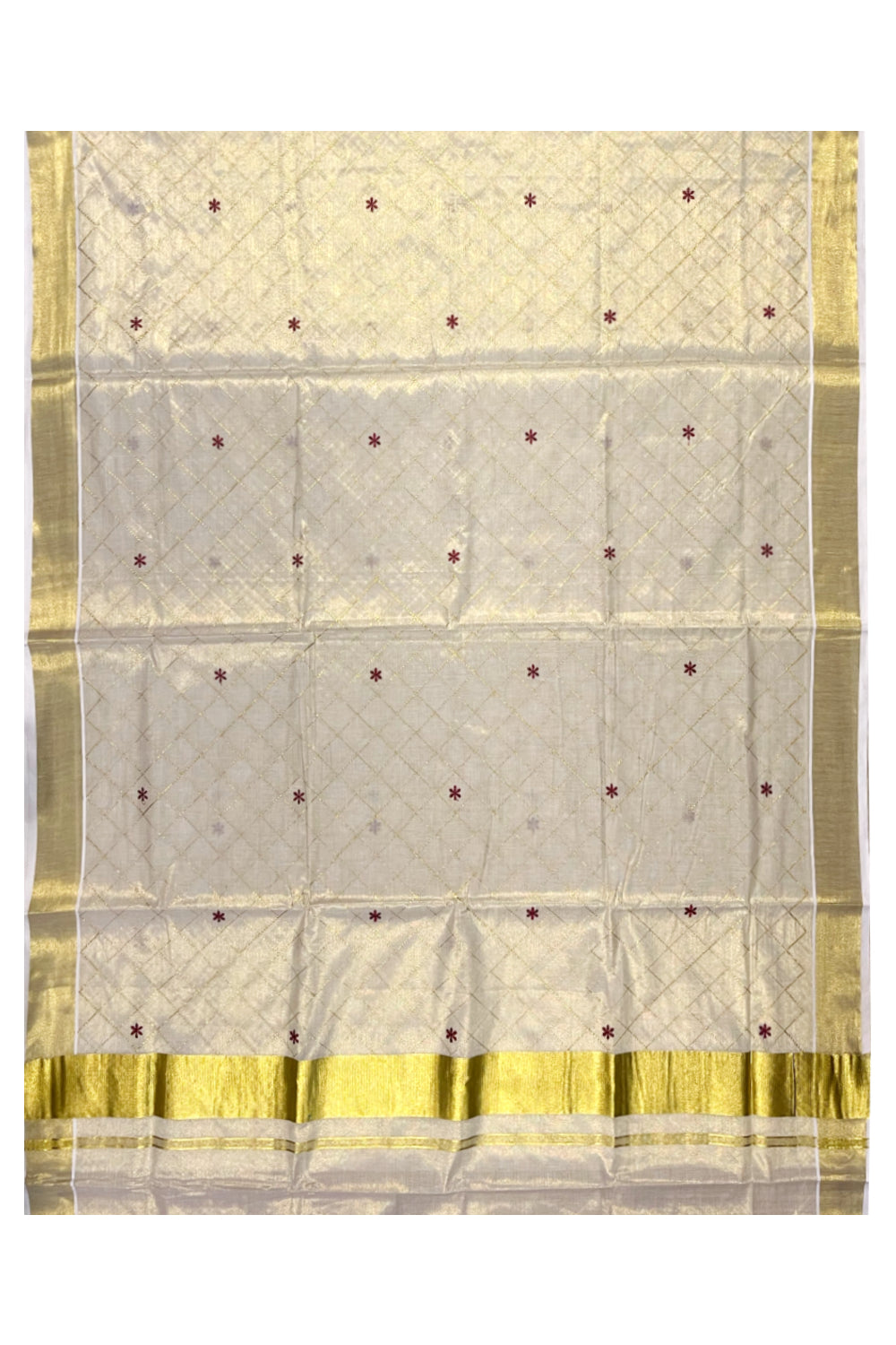 Kerala Tissue Kasavu Check Saree with Maroon Flower Embroidery Works