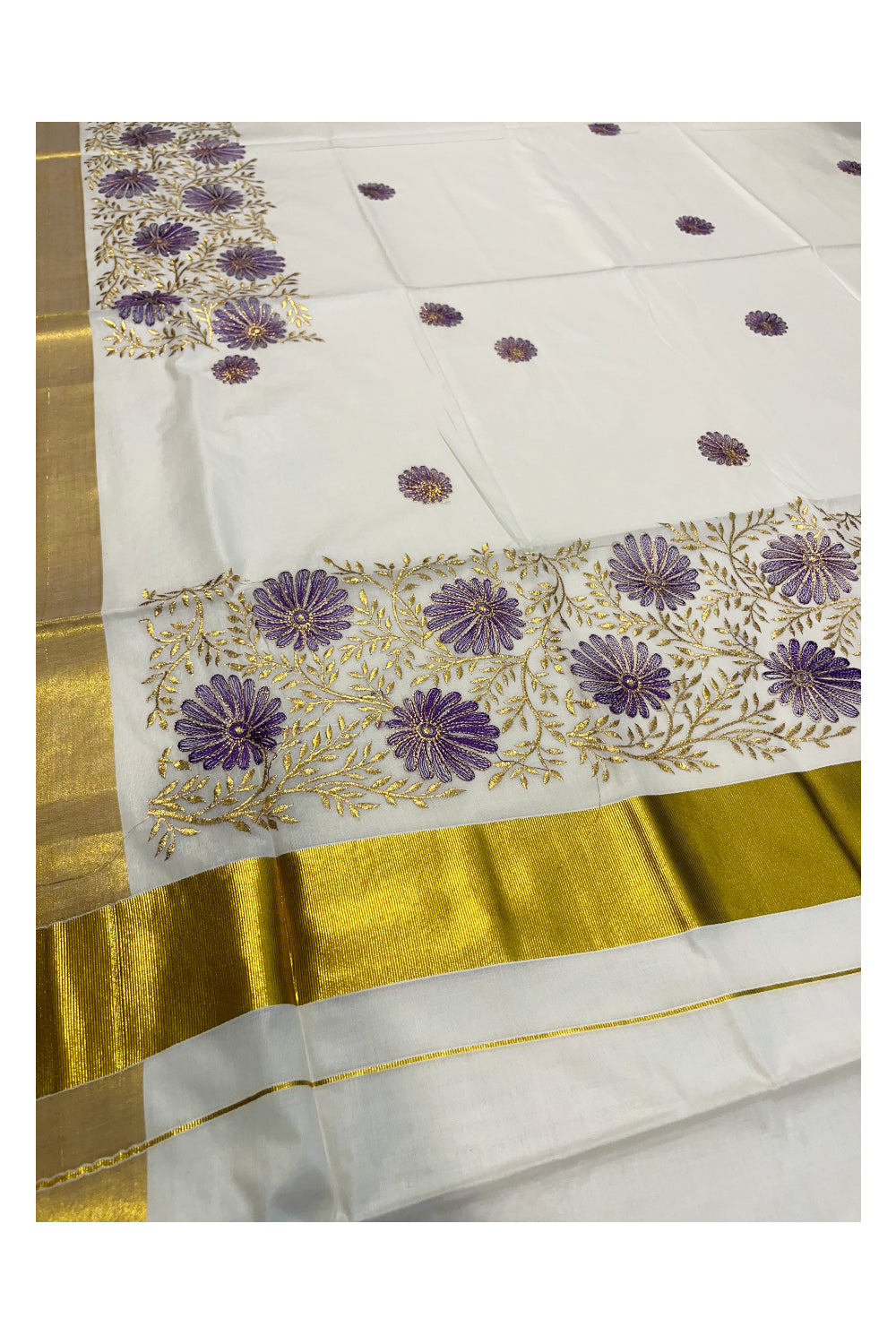 Kerala Cotton Kasavu Saree with Golden and Violet Floral Embroidery Work