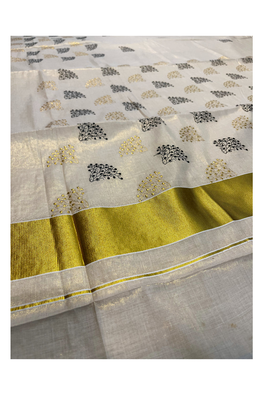 Southloom Kerala Tissue Kasavu Saree with Black and Gold Floral Embroidery Design on Body