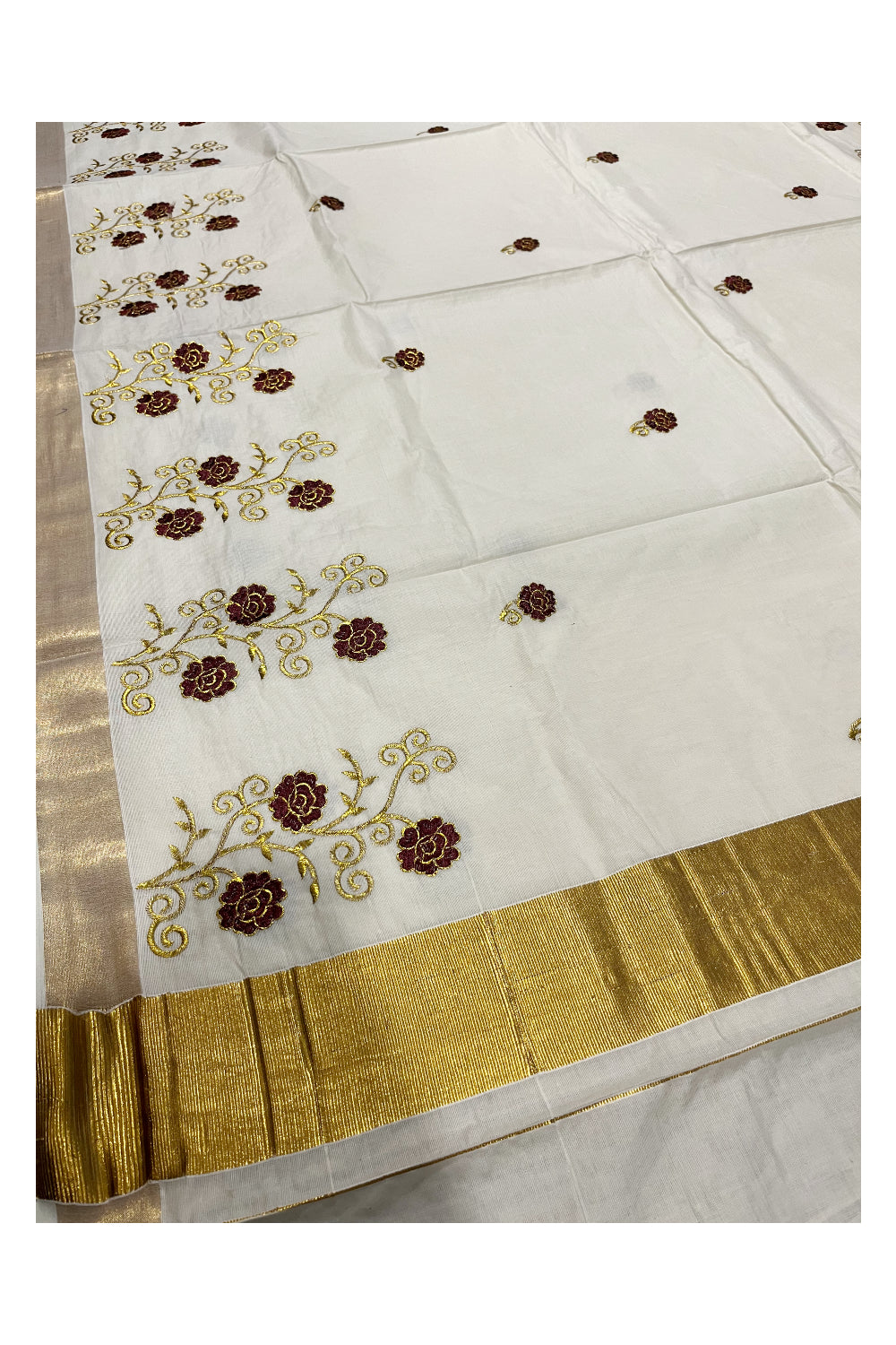 Southloom Kerala Kasavu Saree with Dark Brown and Gold Floral Embroidery