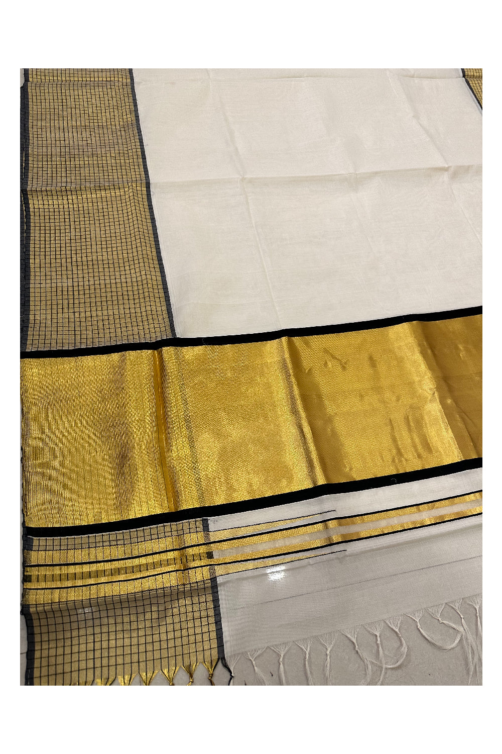 Southloom Handloom Premium Cotton Saree with Black and Kasavu Check Design Border