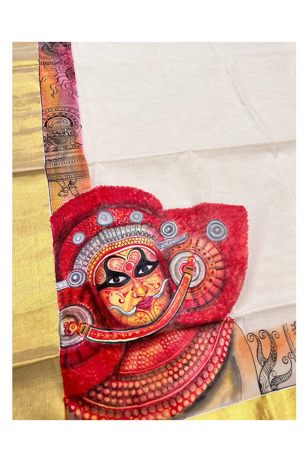 Southloom™ Premium Handloom Kerala Kasavu Saree With Hand Painted Mural Theyyam Design (Vishu 2024 Collection)
