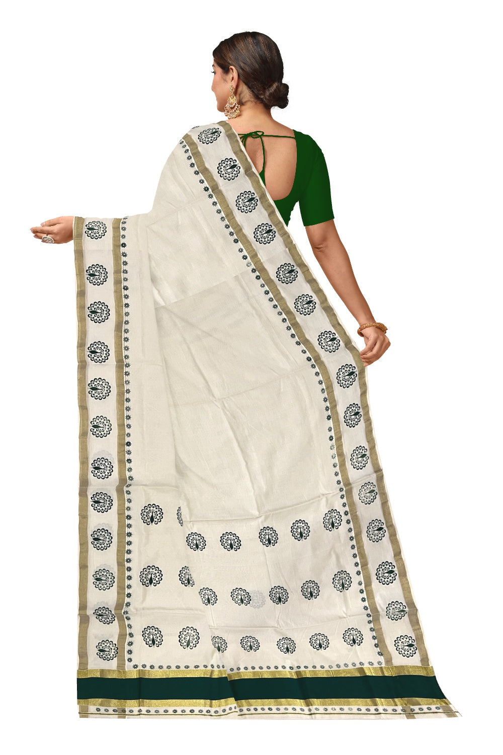 Pure Cotton Kerala Saree with Green Peacock Block Printed Kasavu Border