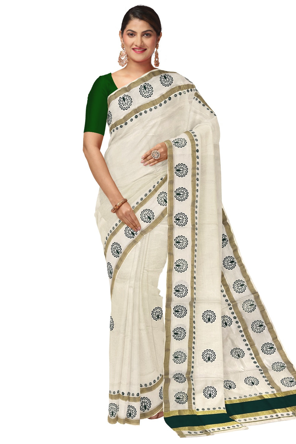 Pure Cotton Kerala Saree with Green Peacock Block Printed Kasavu Border