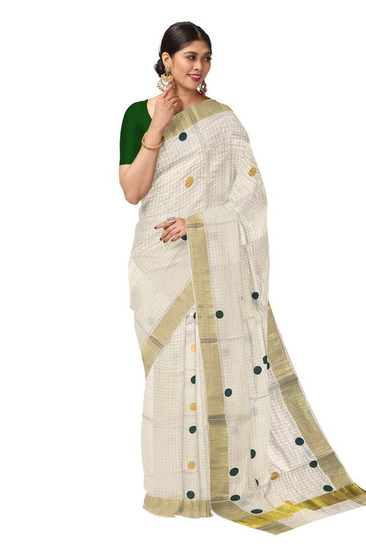 Southloom Micro Check Kasavu Saree with Green and Golden Polka Dot Prints Across Body