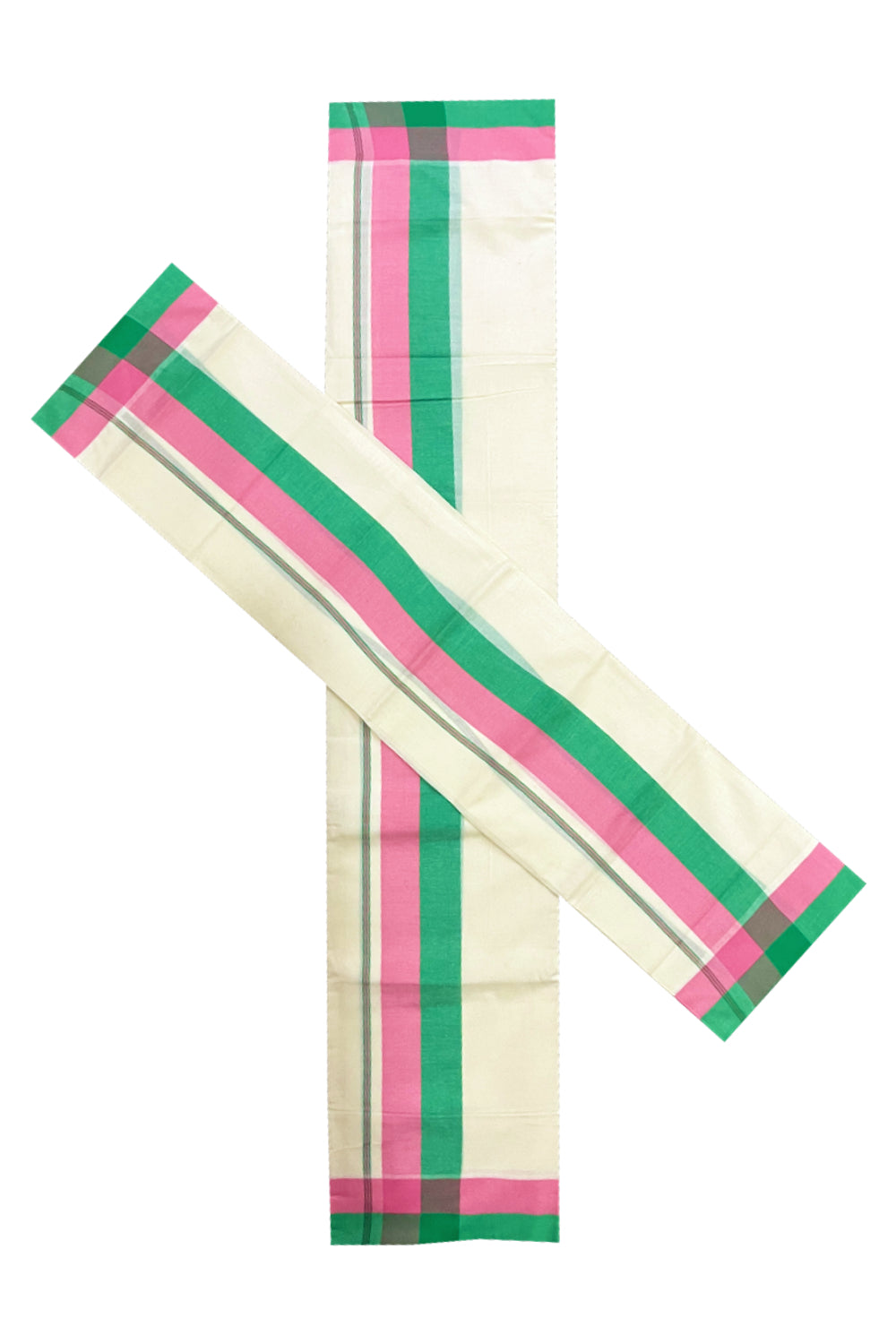 Pure Cotton Mundum Neriyathum Double (Set Mundu) with Green and Pink Border