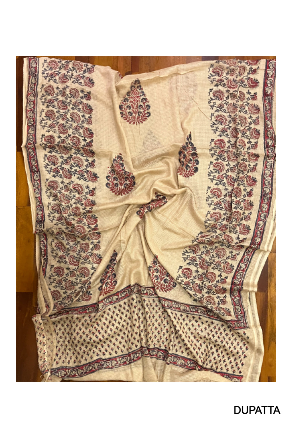 Southloom™ Cotton Light Brown Churidar Salwar Suit Material Red and Blue Block Prints on Body