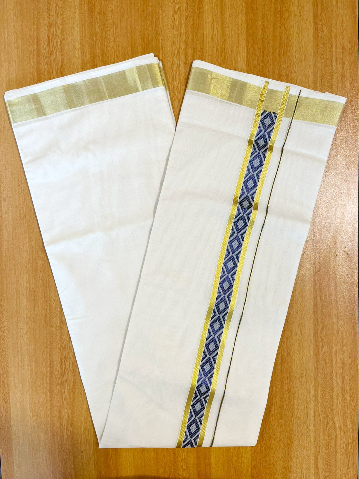 Southloom Premium Handloom Pure Cotton Mundu with Blue and Kasavu Woven Border