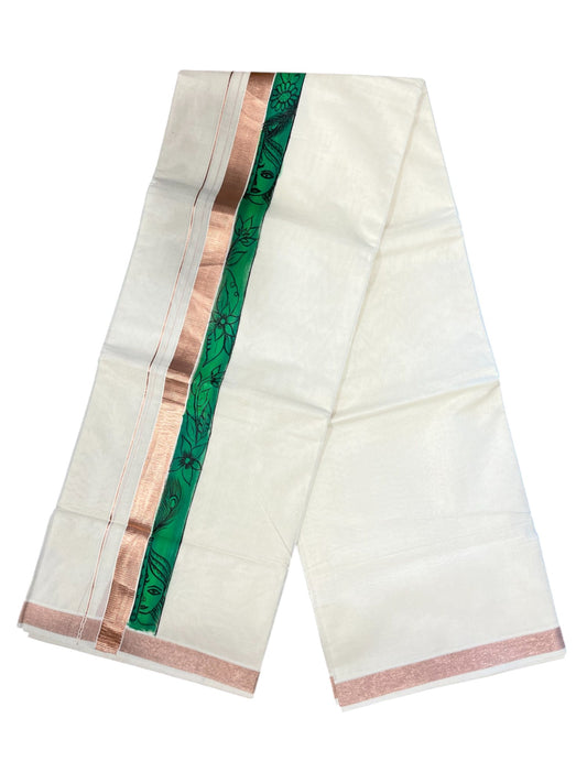 Southloom Antique Copper Kasavu Double Mundu with Hand Painted Mural Design Across Kara