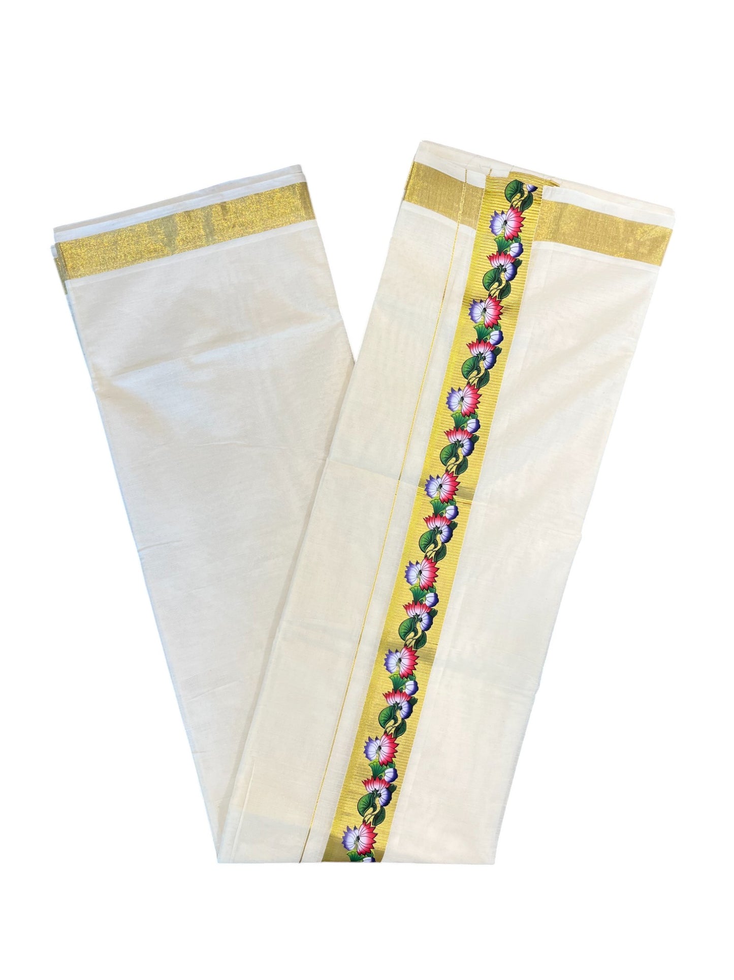 Pure Cotton Off White Double Mundu with Block Prints on Kasavu Kara (South Indian Dhoti)