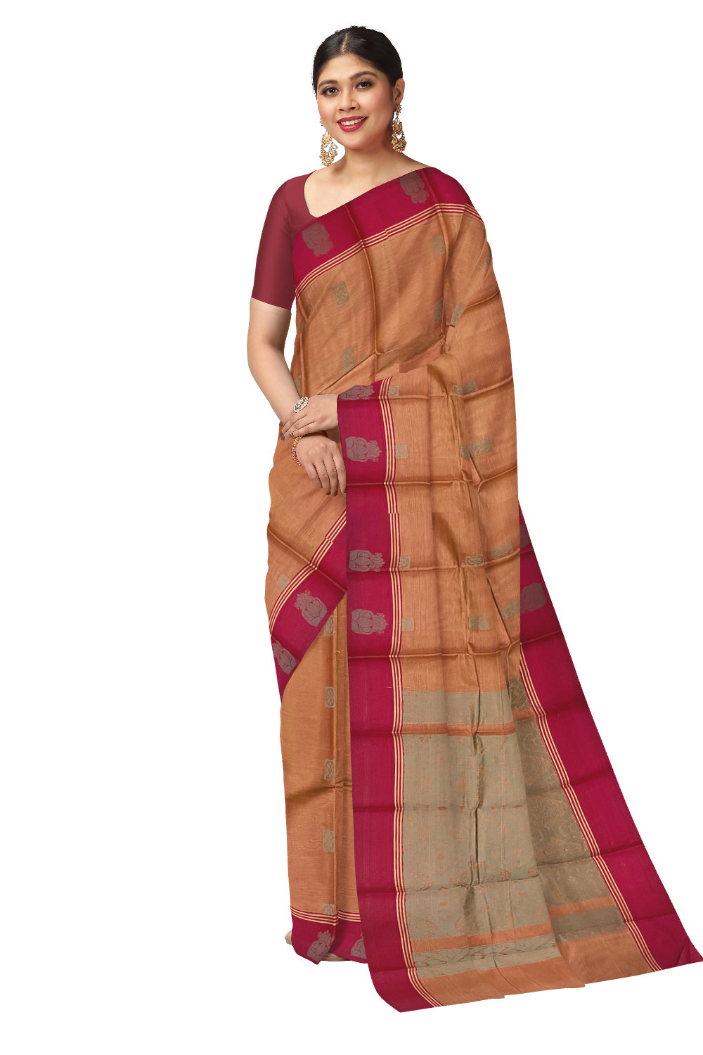 Southloom Cotton Brown Saree with Woven Butta Works on Body and Pallu