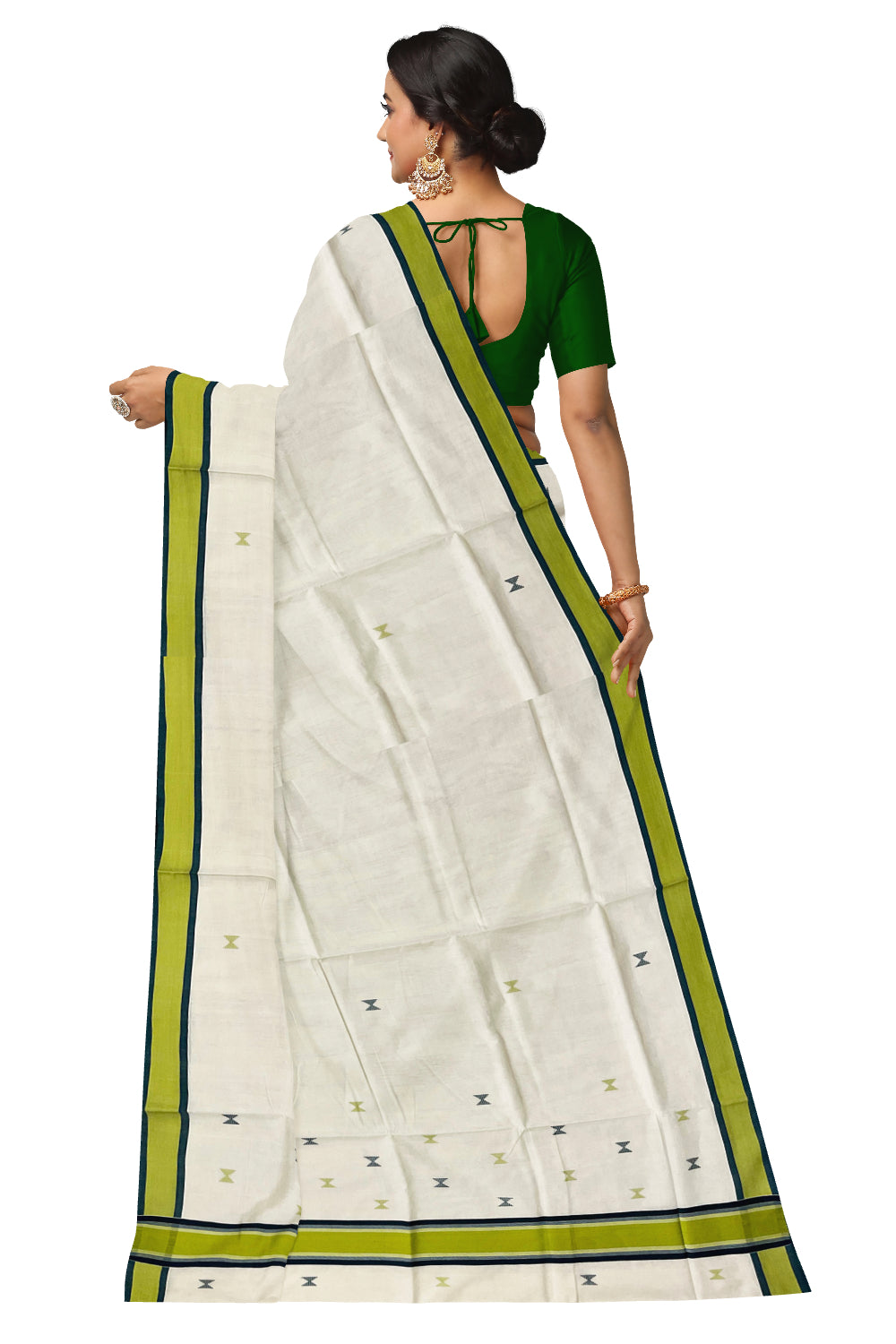 Southloom Premium Unakkupaavu Handloom Kerala Cotton Saree with Green Butta Works on Body