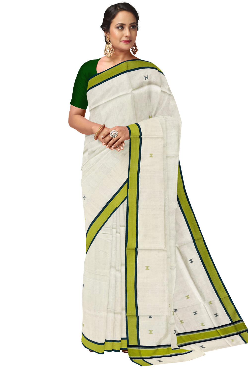 Southloom Premium Unakkupaavu Handloom Kerala Cotton Saree with Green Butta Works on Body