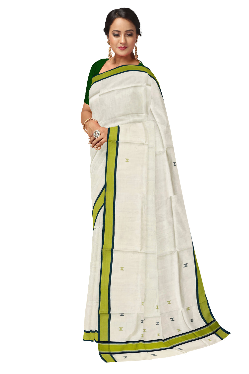 Southloom Premium Unakkupaavu Handloom Kerala Cotton Saree with Green Butta Works on Body