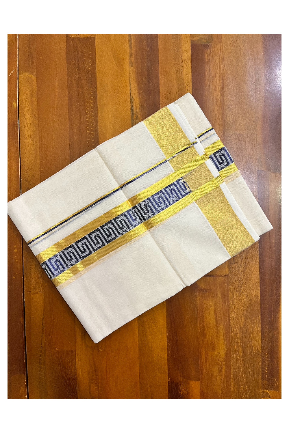 Southloom Premium Handloom Pure Cotton Mundu with Golden and Blue Kasavu Woven Border