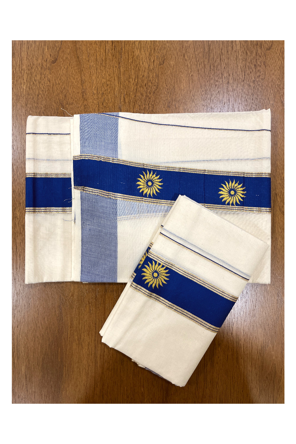 Cotton Single Set Mundu (Mundu Neriyathum) with Golden Block Prints on Blue Border