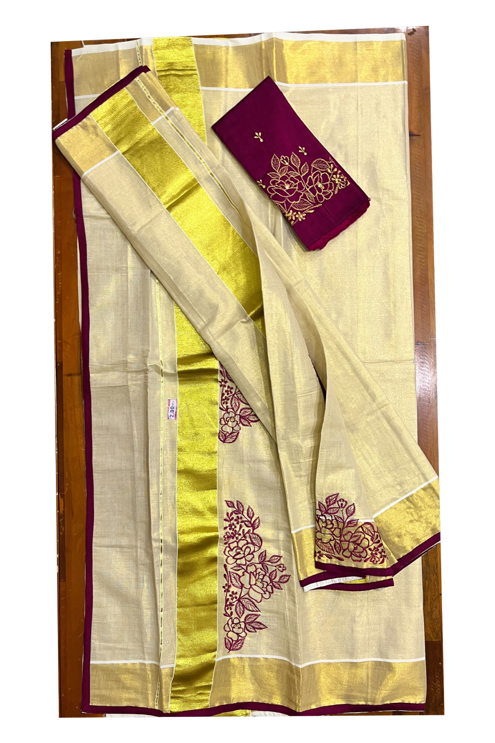 Kerala Tissue Kasavu Set Mundu (Mundum Neriyathum) with Handwork Design and Magenta Blouse Piece - 2.80Mtrs (Vishu 2024 Collection)