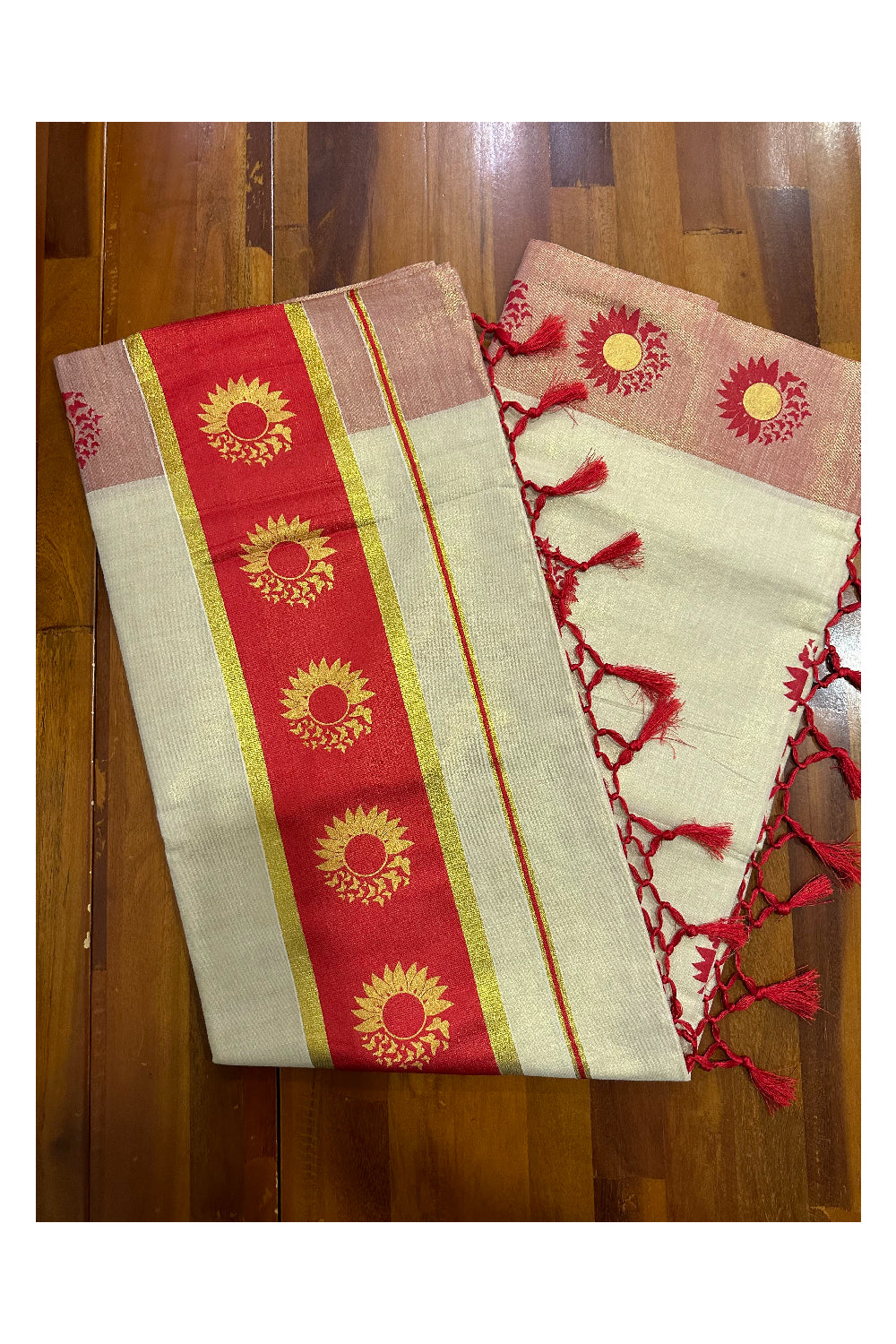 Kerala Tissue Kasavu Saree with Red and Golden Block Prints on Border (Onam Saree 2023)