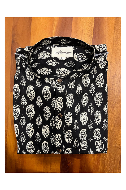 Southloom Jaipur Cotton Black Hand Block Printed Mandarin Collar Shirt (Full Sleeves)
