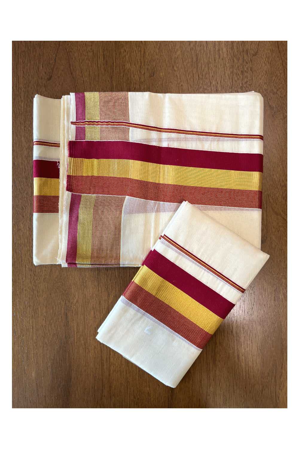 Cotton Mundum Neriyathum Double (Set Mundu) with Maroon and Kasavu Border 2.80 Mtrs