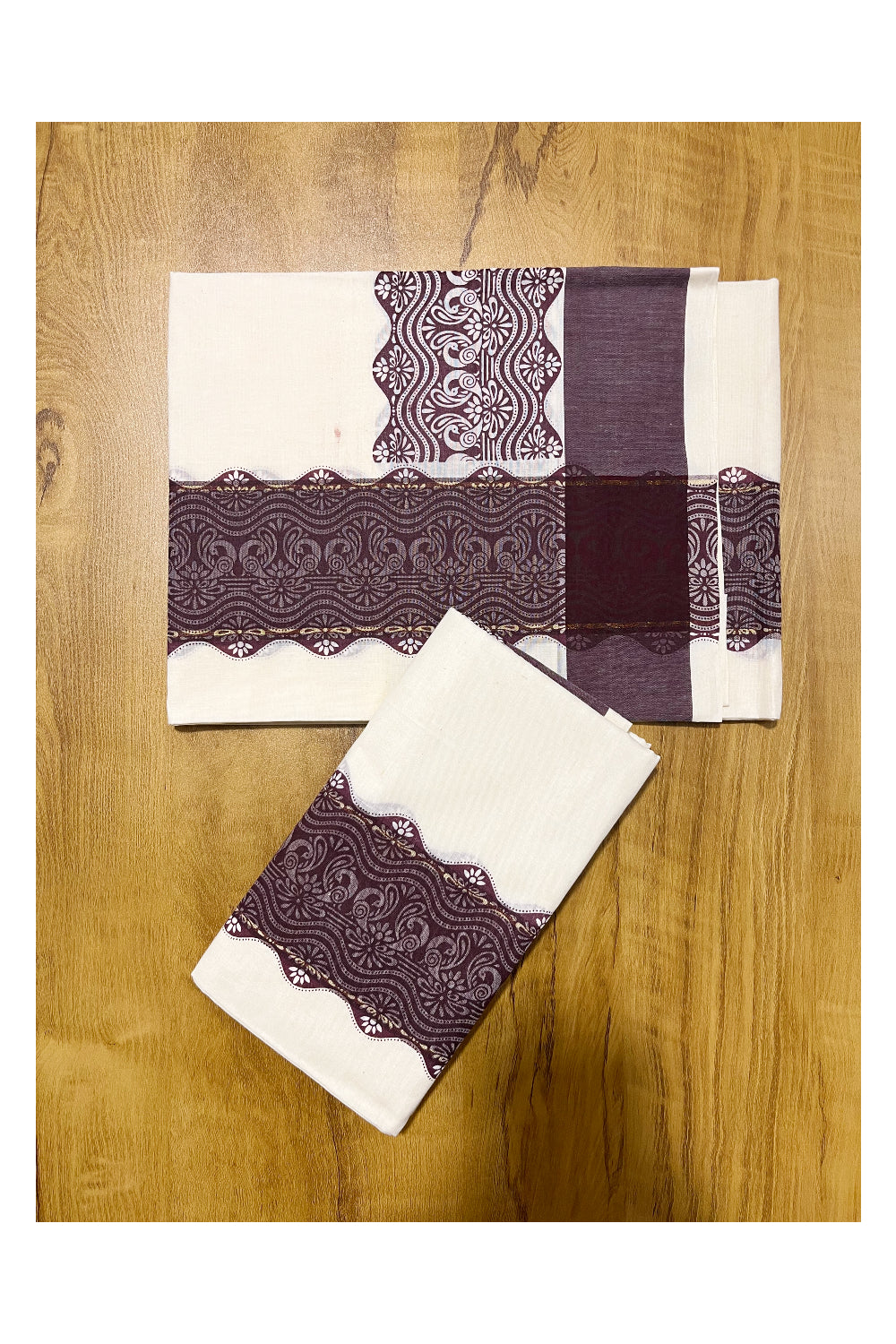 Kerala Cotton Single Set Mundu (Mundum Neriyathum) with Brown Block print Border 2.80Mtrs