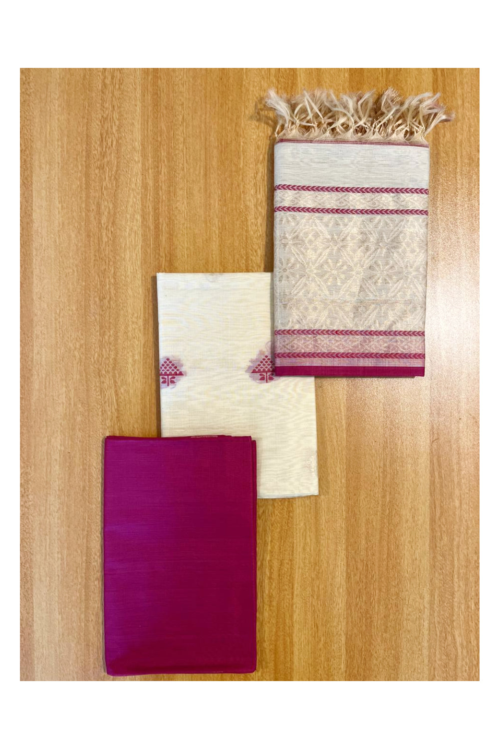 Southloom™ Original Handloom Cotton Pure Silk 3 Piece Cream and Pink Salwar Material with Woven Zari Butta Work