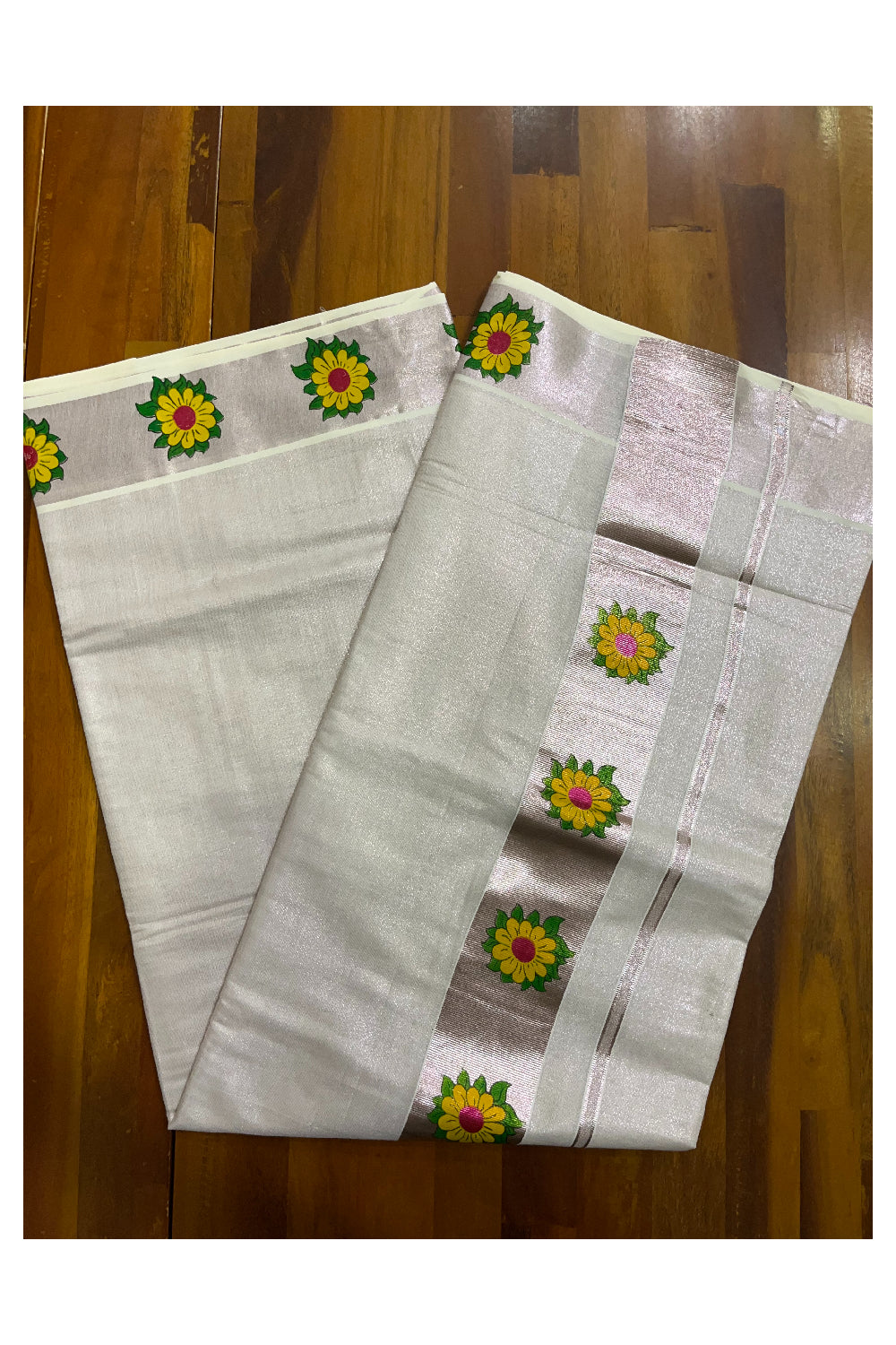 Kerala Silver Tissue Kasavu Saree with Floral Prints on Border and Pallu (Onam 2024 Collection)